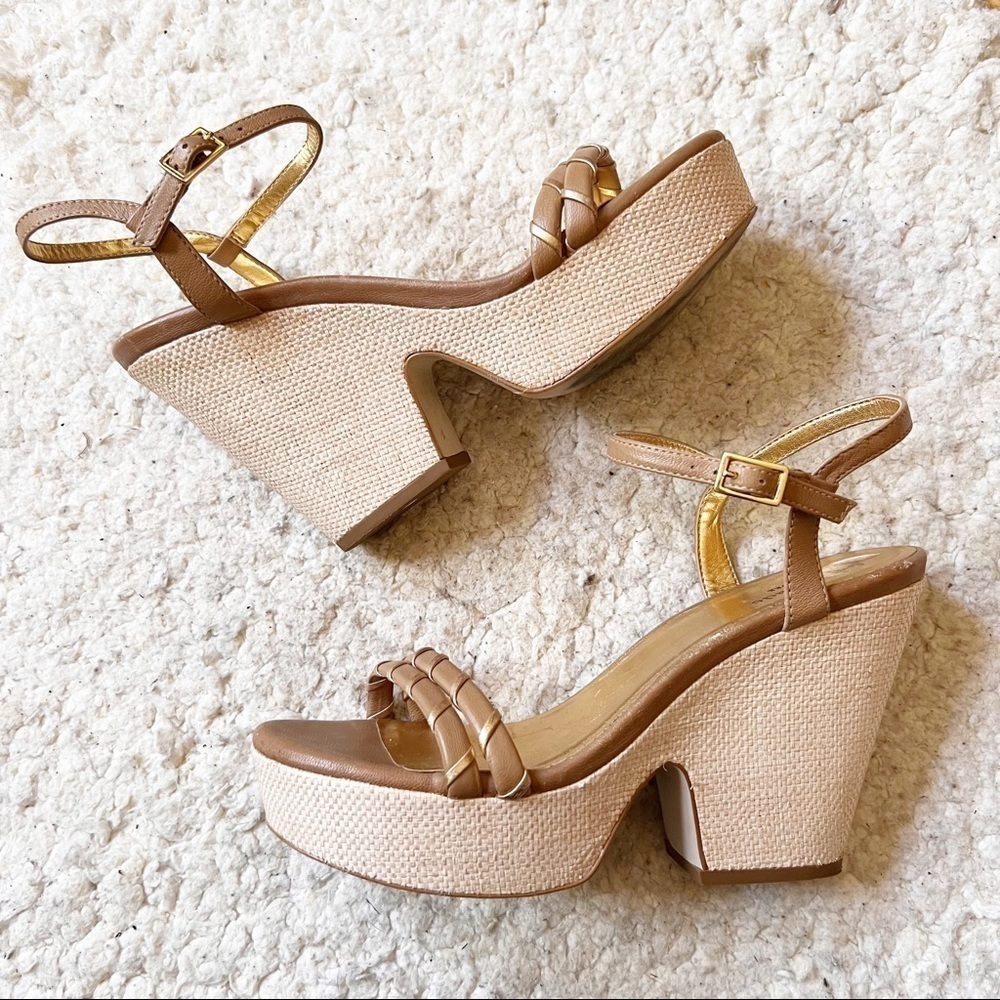 Kate Spade Tan Metallic Gold Straw Block Platform Wedge Sandals Size 7.5